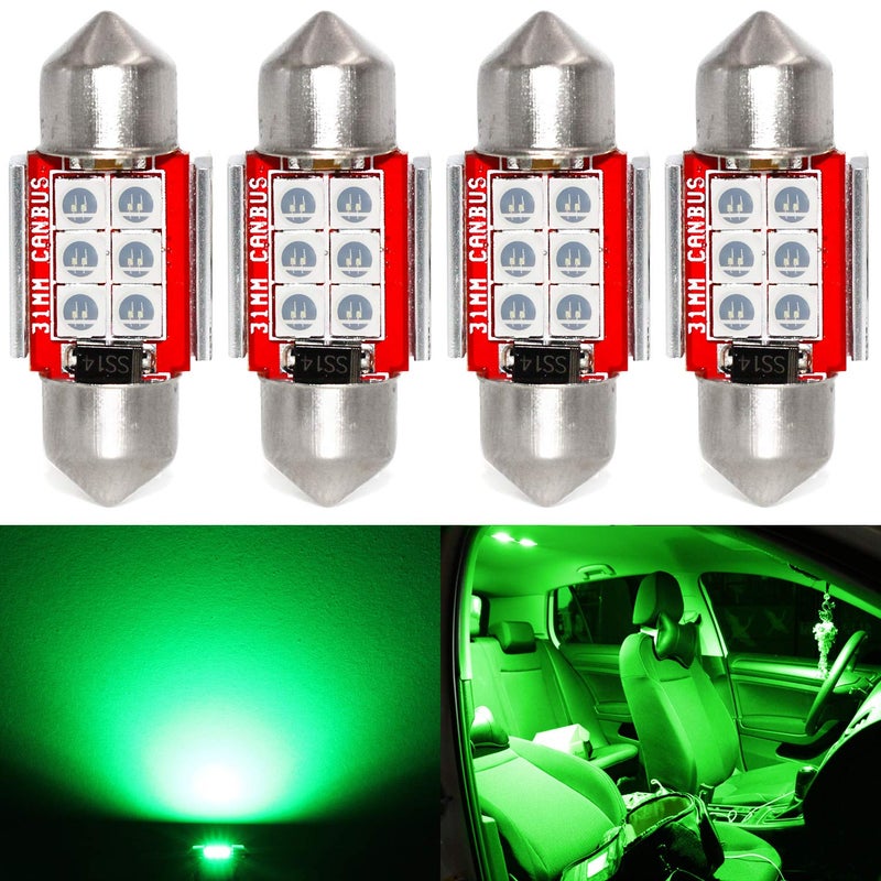 PHINLION 31mm DE3175 Green LED Light Bulbs, Super Bright 3030 6-SMD DE3021 DE3022 Miniature Festoon LED Bulb Replacement for Car Interior Map Dome Trunk Courtesy License Plate Light, Pack of 4 - Image 1